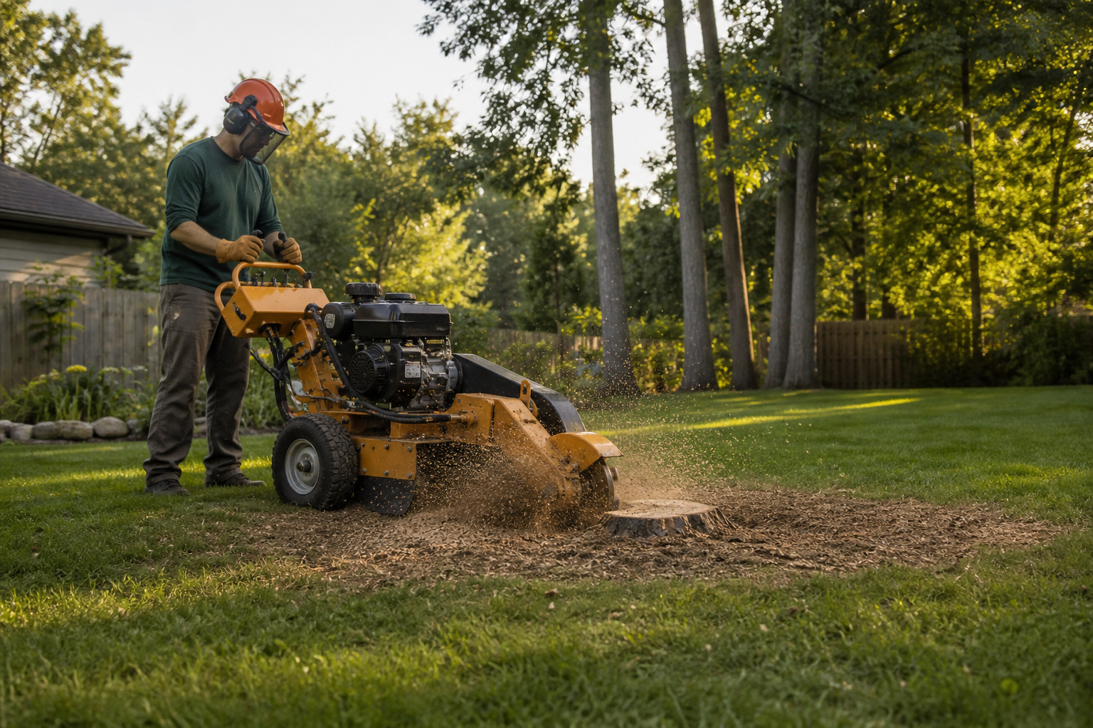 Unbranded operator performing stump grinding in a residential yard