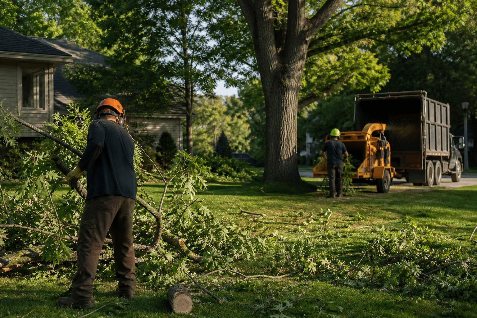 Unbranded tree-service crew working on a residential property