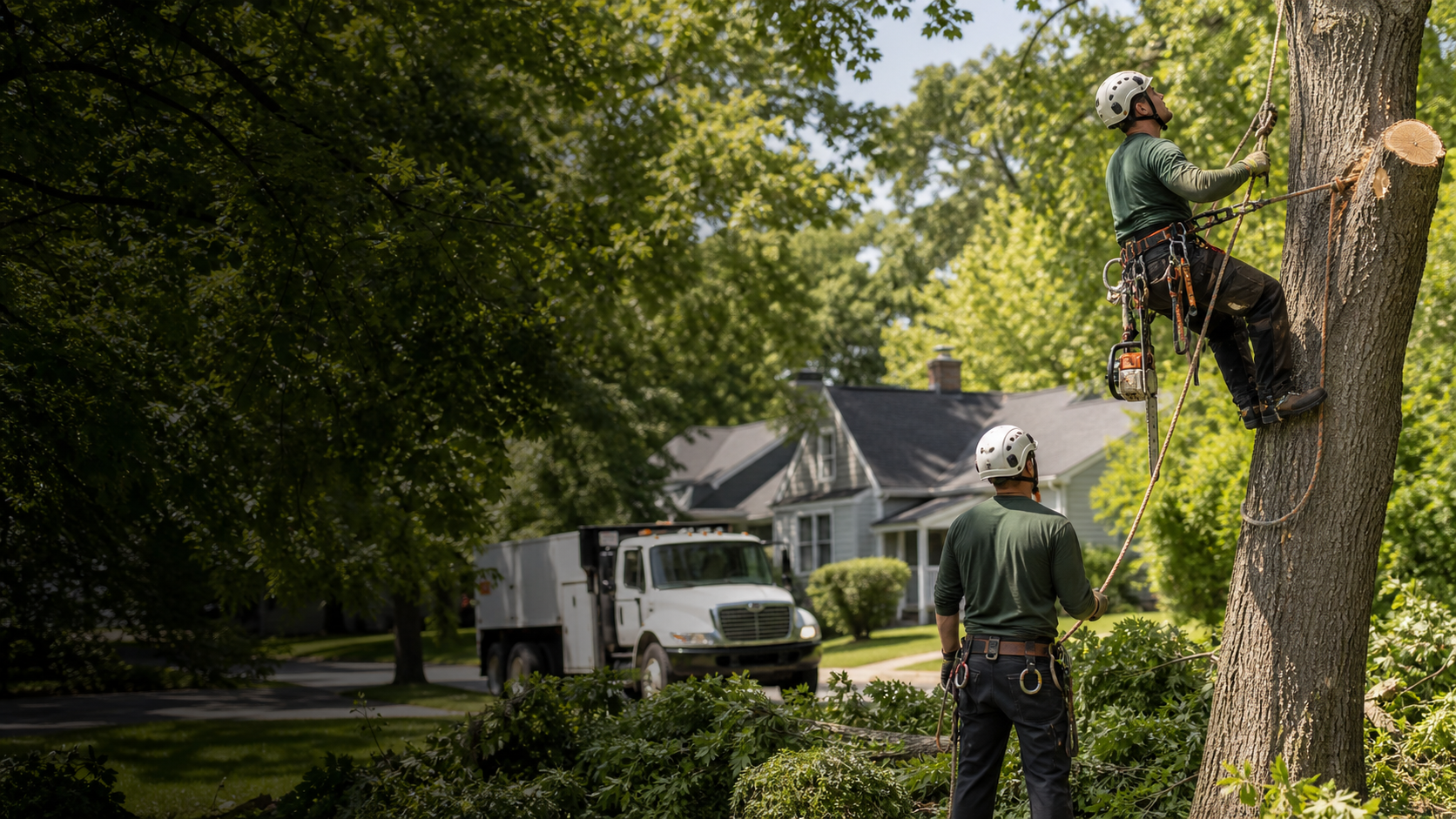 Tree-service crew working at an unbranded residential property